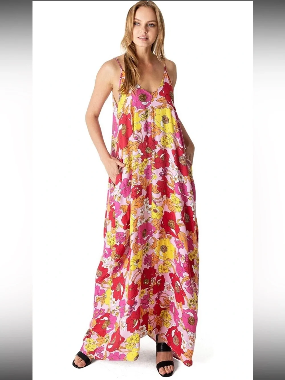 Lovestitch Vibrant Bold Floral Maxi Dress Pockets Womens Size Med/Large